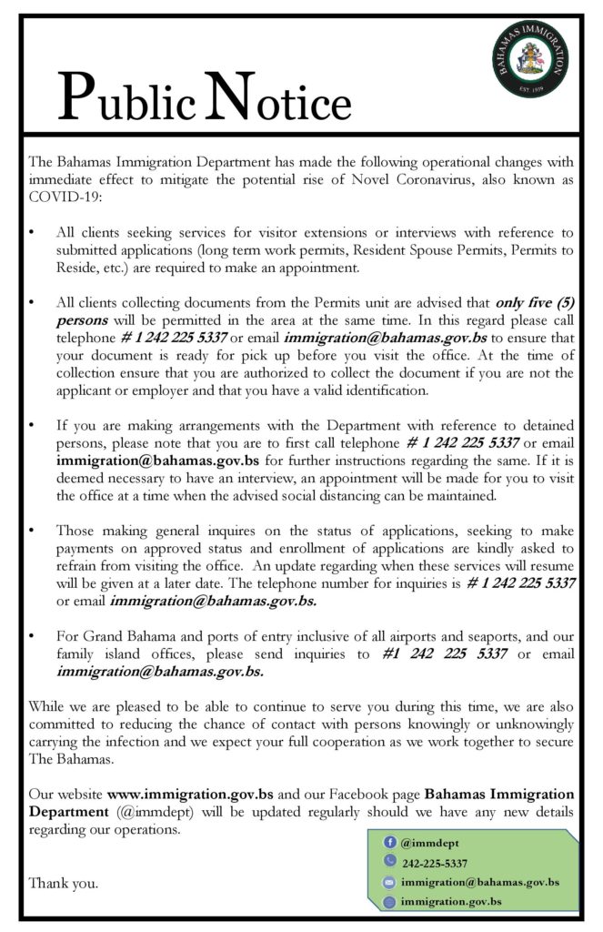 Public Notice – 20th March, 2020 - Bahamas Immigration Department